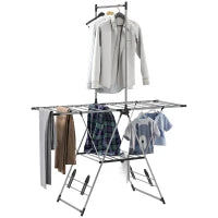 Stendibiancheria Verticale Pieghevole con Ali Regolabili 4 Supporti per Scarpe Barra e Ripiano 139x62,5x201 cm Argento