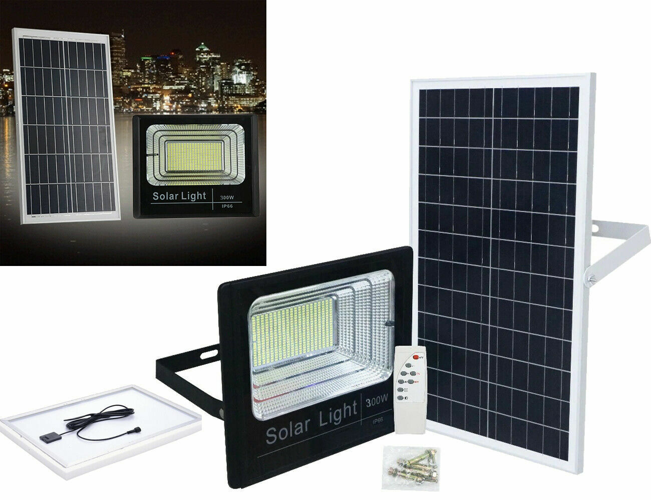 FARO LED CON PANNELLO SOLARE CREPUSCOLARE DA 300W + TELECOMANDO