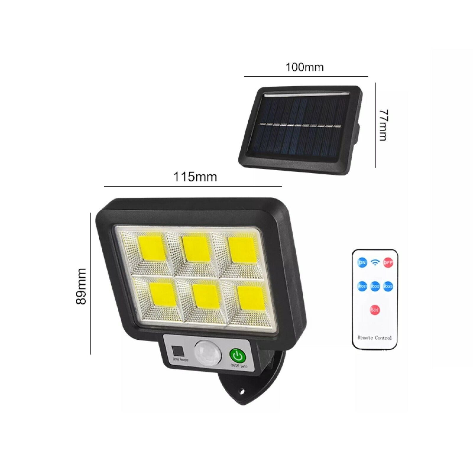 FARO SOLARE LED CON PANNELLO FARETTO SENSORE DI MOVIMENTO 96 LED COB T09