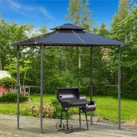 Gazebo da Giardino 2,4 x 1,5 m, Gazebo per Barbecue con 2 Ripiani, Tetto per Barbecue, in Alluminio e Metallo, Tetto in Policarbonato, Nero