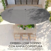 Ombrellone Doppio da Giardino 4.6x2.7 m a 12 Stecche con Prese d'Aria e Manovella, Ombrellone per Esterni in Acciaio e Poliestere, Anti UV, Grigio