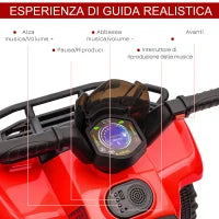 Quad Elettrico per Bambini con Batteria Ricaricabile 6V, Pulsante Acceleratore, Età 18-36 Mesi, 70x42x45cm, Rosso