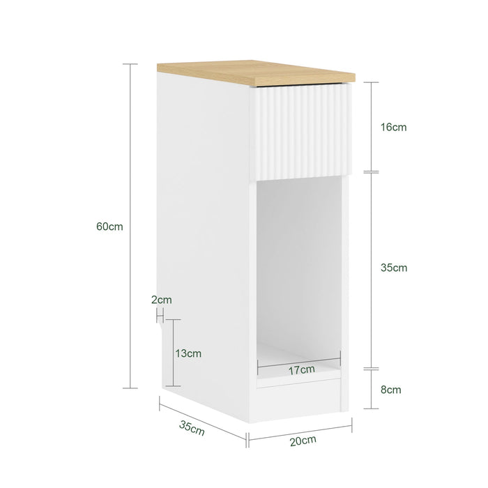 SoBuy Tavolino da notte stretto di 20 cm di larghezza con cassetto a design ondulato, Tavolino stretto per divano, Tavoli da notte per camera da letto e soggiorno, colore bianco e legno 20 x 35 x 60 cm FBT111-W