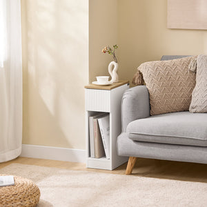 SoBuy Tavolino da notte stretto di 20 cm di larghezza con cassetto a design ondulato, Tavolino stretto per divano, Tavoli da notte per camera da letto e soggiorno, colore bianco e legno 20 x 35 x 60 cm FBT111-W