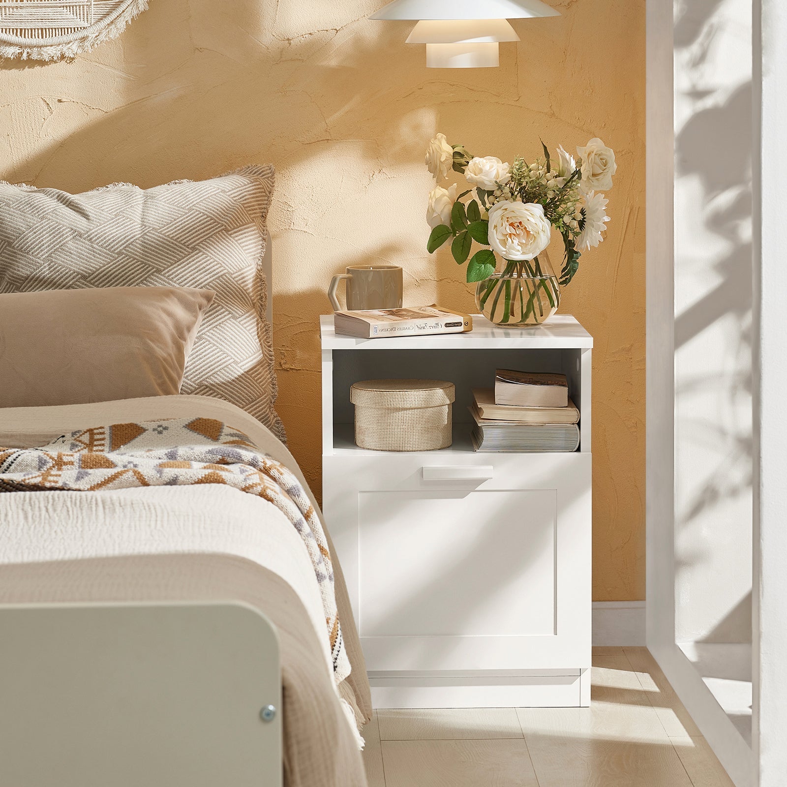 Comodino per letto Tavolino stretto Tavolo telefono Comodino con cassetti Bianco 39x39x55cm FBT112-W