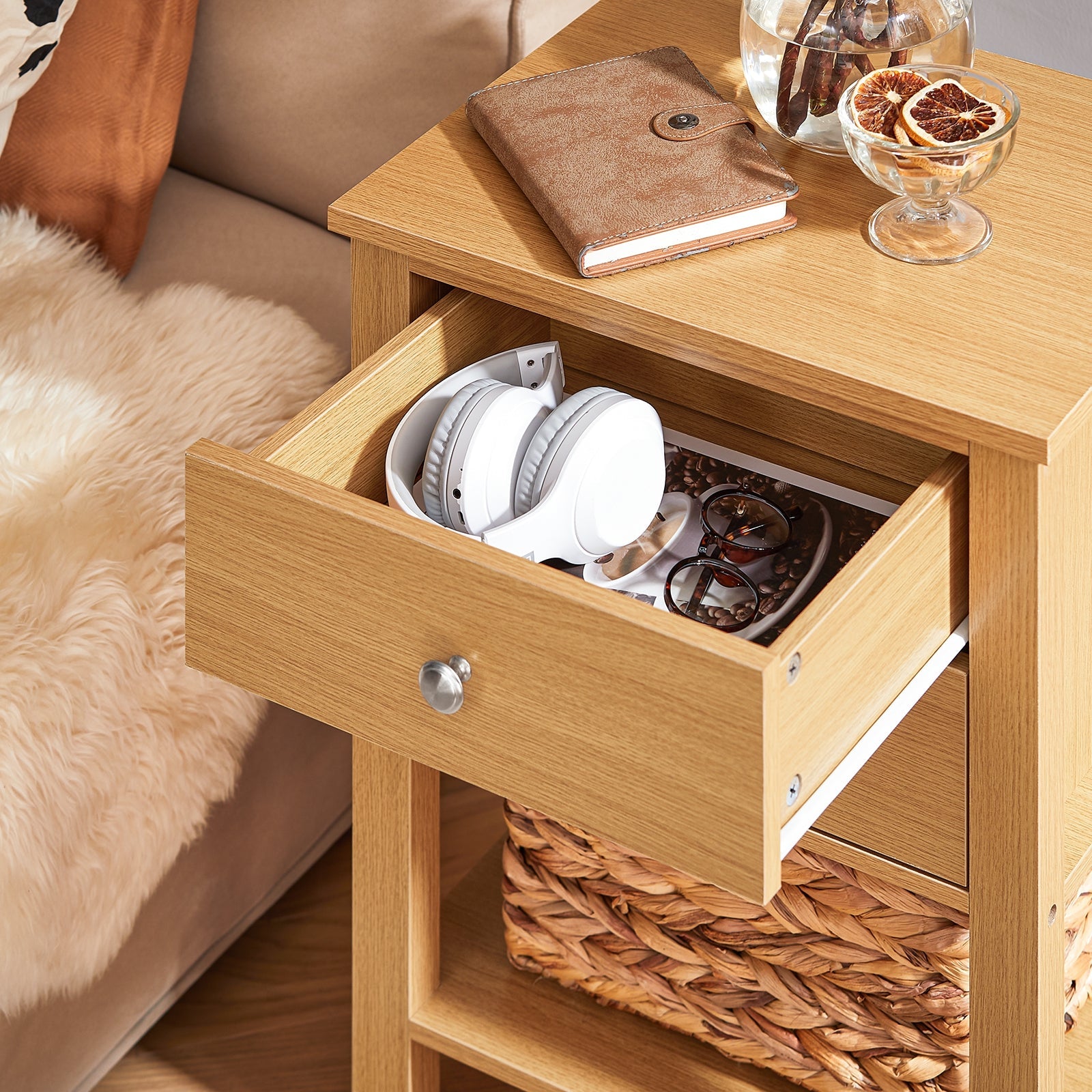 Comodino camera da letto, Tavolino telefono, Comodino con 2 cassetti, Naturale, 45x35x60 cm FBT114-N