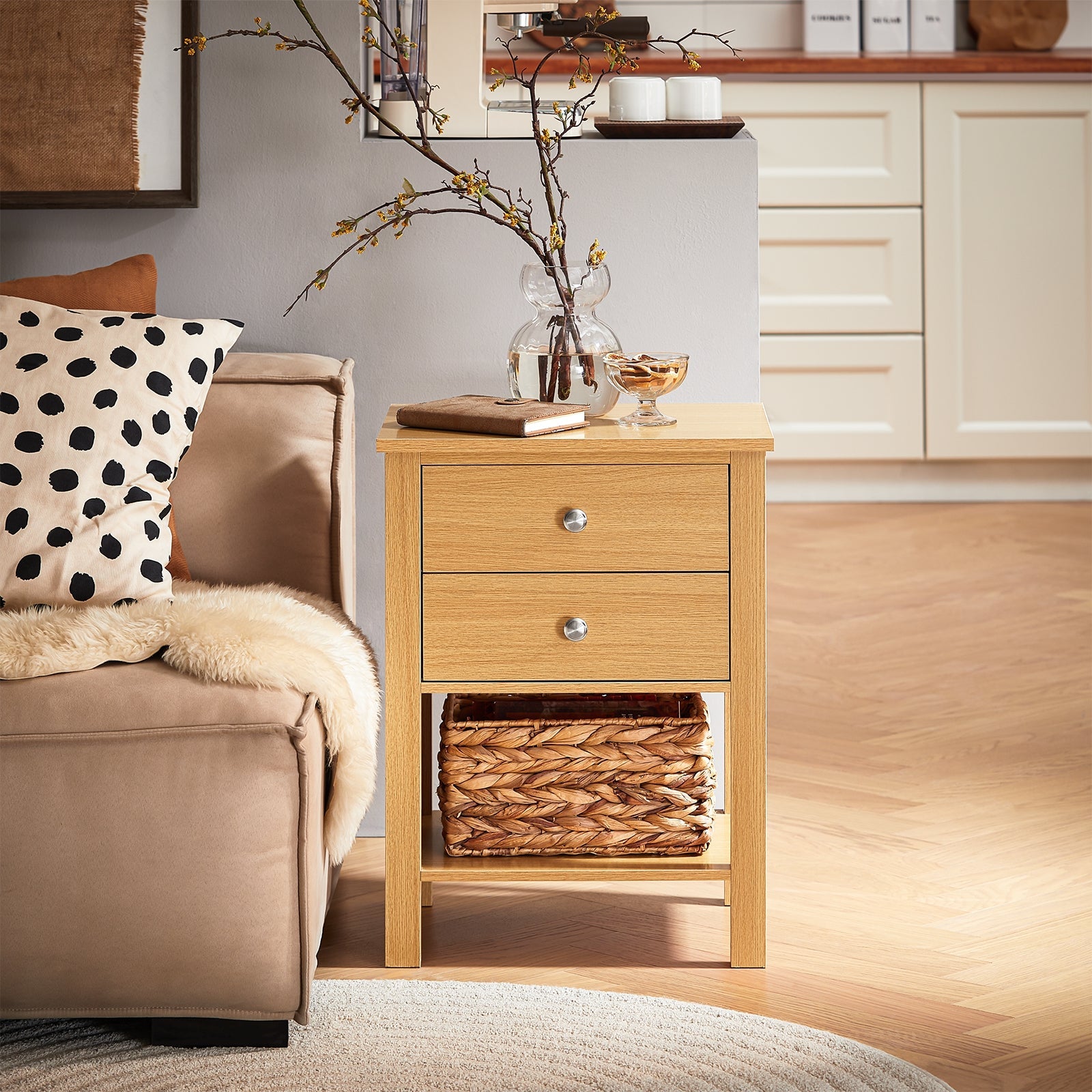 Comodino camera da letto, Tavolino telefono, Comodino con 2 cassetti, Naturale, 45x35x60 cm FBT114-N