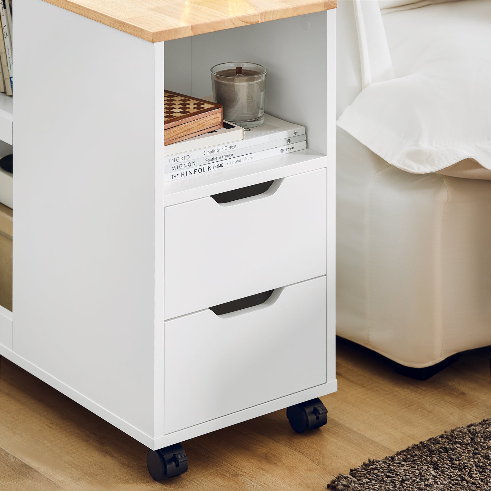 SoBuy Tavolino basso con ruote Tavolo stampante con cassetto Carrello da ufficio Bianco-Naturale, 60x30x60cm FBT130-WN