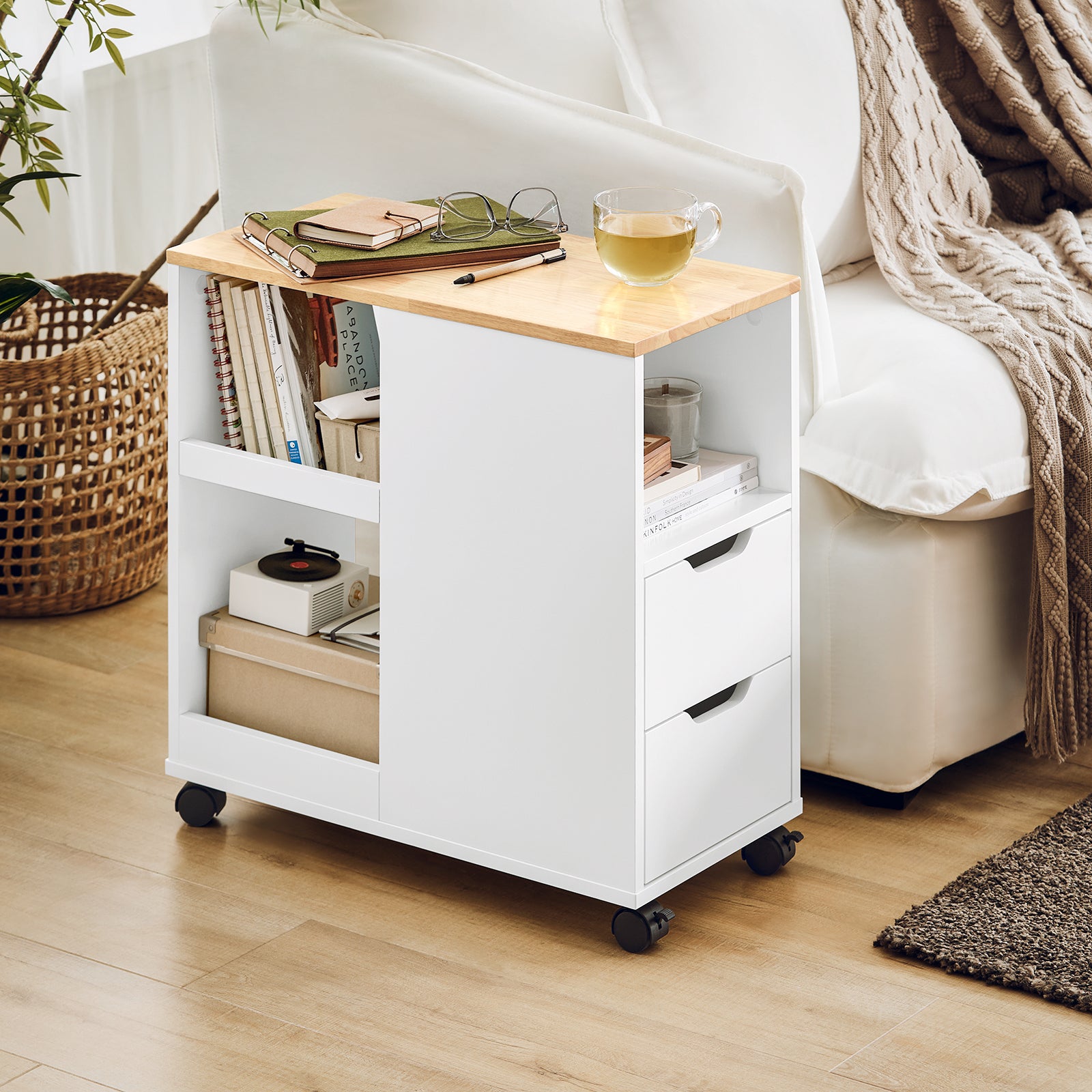 SoBuy Tavolino basso con ruote Tavolo stampante con cassetto Carrello da ufficio Bianco-Naturale, 60x30x60cm FBT130-WN