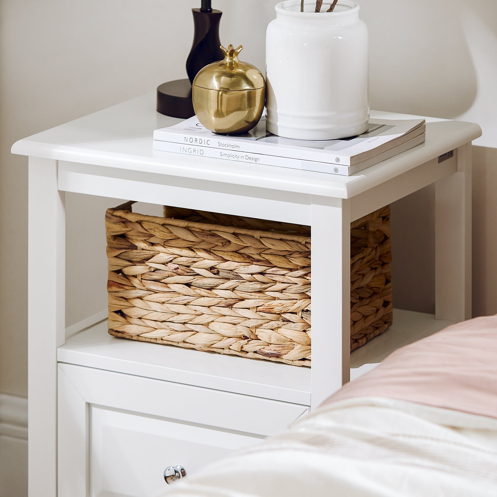 Comodino letto con 1 cassetto e un scomparto aperto Tavolino da salotto o soggiorno Tavolino telefono Bianco 45x35x60cm FBT131-W