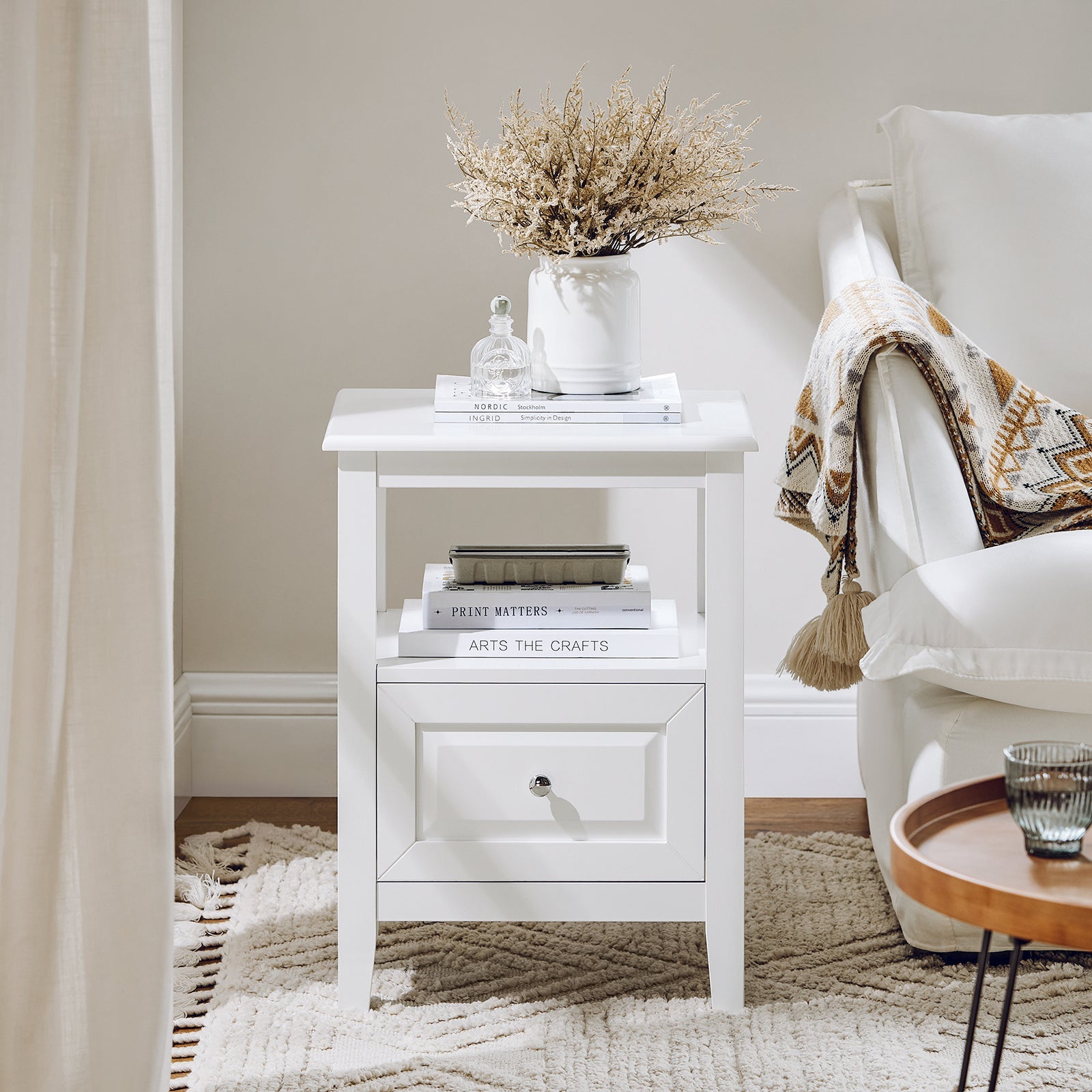 Comodino letto con 1 cassetto e un scomparto aperto Tavolino da salotto o soggiorno Tavolino telefono Bianco 45x35x60cm FBT131-W