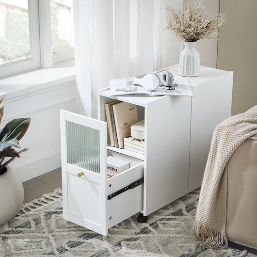 Tavolino con ruote da divano Carrello con 1 cassetto e 3 ripiani Comodino Bianco 31x70x60cm FBT150-W