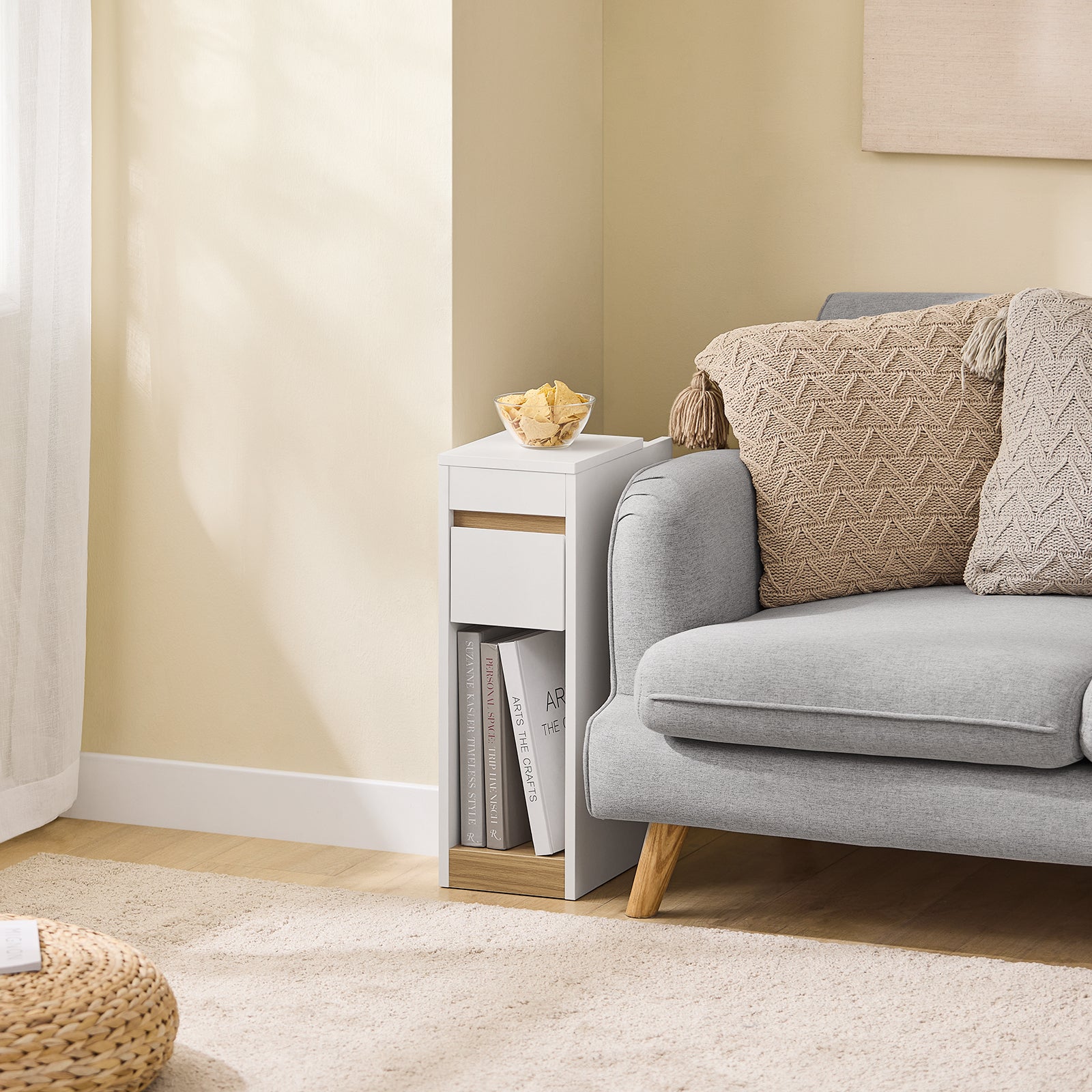 SoBuy Comodini con Piano Rimovibile e Cassetto, Tavolino Stretto per Divano, Comodini per Camera e Soggiorno, Tavolo Alto Stretto Bianco e Legno 20 x 35 x 60 cm FBT163-WN