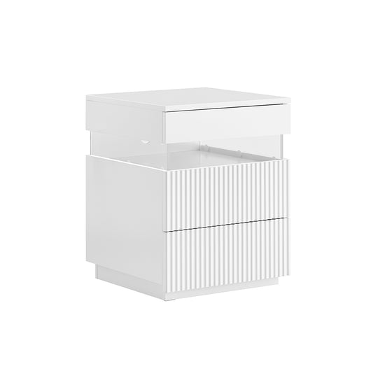 SoBuy Comodino con 3 cassetti, 2 pannelli laterali in acrilico & luce LED, 3 colori regolabili, comodino moderno per camera da letto e soggiorno, L41 × P40 × A52 cm, bianco, FBT167-E-W