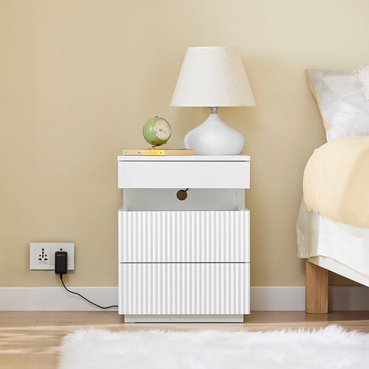 SoBuy Comodino con 3 cassetti, 2 pannelli laterali in acrilico & luce LED, 3 colori regolabili, comodino moderno per camera da letto e soggiorno, L41 × P40 × A52 cm, bianco, FBT167-E-W