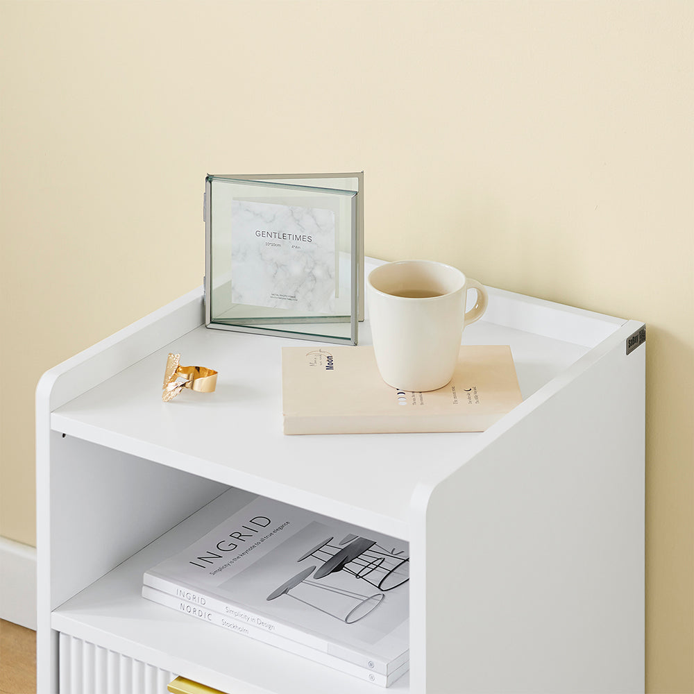 SoBuy Comodino, Comodino con cassetto e ripiano, Tavolino moderno per camera da letto e soggiorno, Bianco L40 x P40 x A51 cm FBT169-W