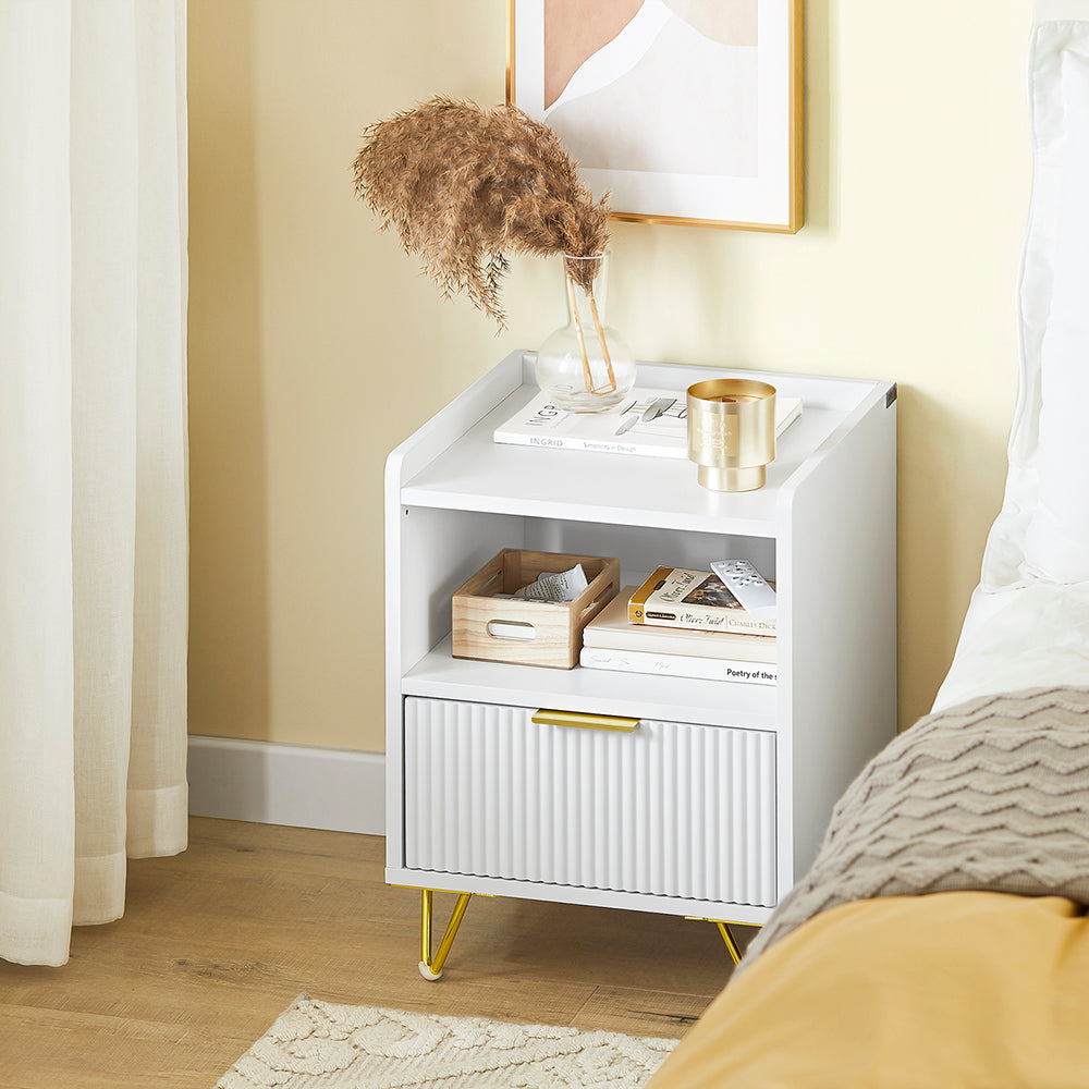 SoBuy Comodino, Comodino con cassetto e ripiano, Tavolino moderno per camera da letto e soggiorno, Bianco L40 x P40 x A51 cm FBT169-W