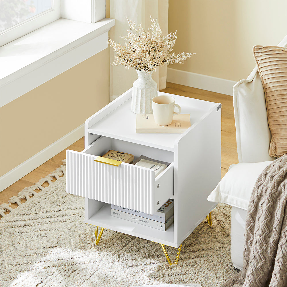 SoBuy Comodino, Comodino con cassetto e ripiano, Tavolino moderno per camera da letto e soggiorno, Bianco L40 x P40 x A51 cm FBT169-W