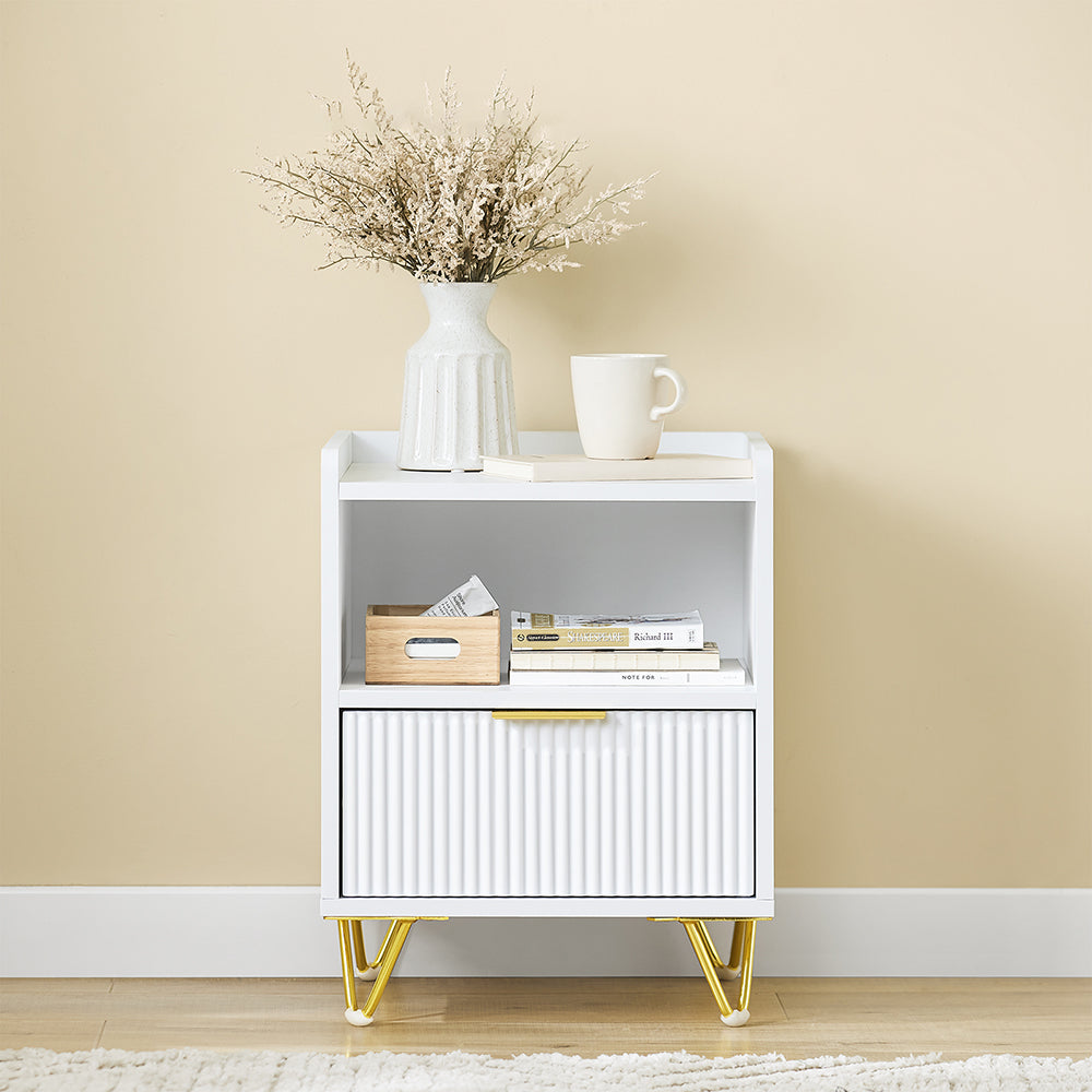 SoBuy Comodino, Comodino con cassetto e ripiano, Tavolino moderno per camera da letto e soggiorno, Bianco L40 x P40 x A51 cm FBT169-W