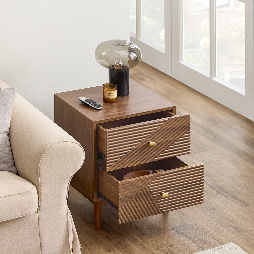 SoBuy Comodino Vintage con 2 Cassetti, Tavolino in Legno con Gambe in Legno di Gomma, Comodino per Camera da Letto, Soggiorno e Studio, Marrone, L45 × P40 × H58 cm, FBT170-N