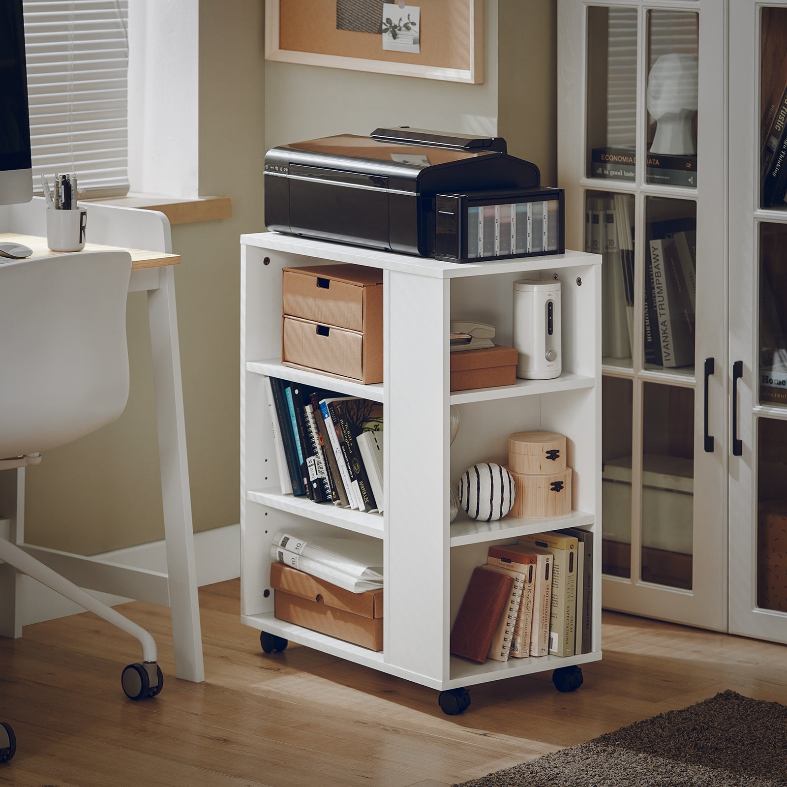 Tavolino Salotto con Ruote,Porta Stampante, Bianco,Altezza 75 cm, FBT68-