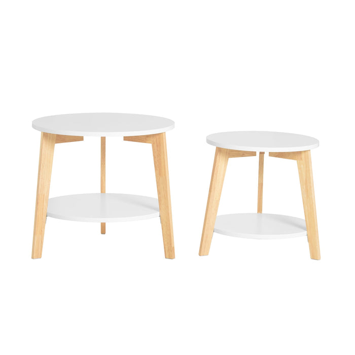 Set di 2 Tavolini Bassi da Salotto in Legno Massiccio di hevea e MDF con 4 Ripiani Bianco FBT75-W