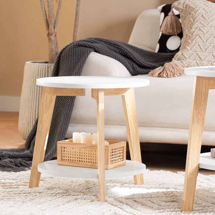 Set di 2 Tavolini Bassi da Salotto in Legno Massiccio di hevea e MDF con 4 Ripiani Bianco FBT75-W