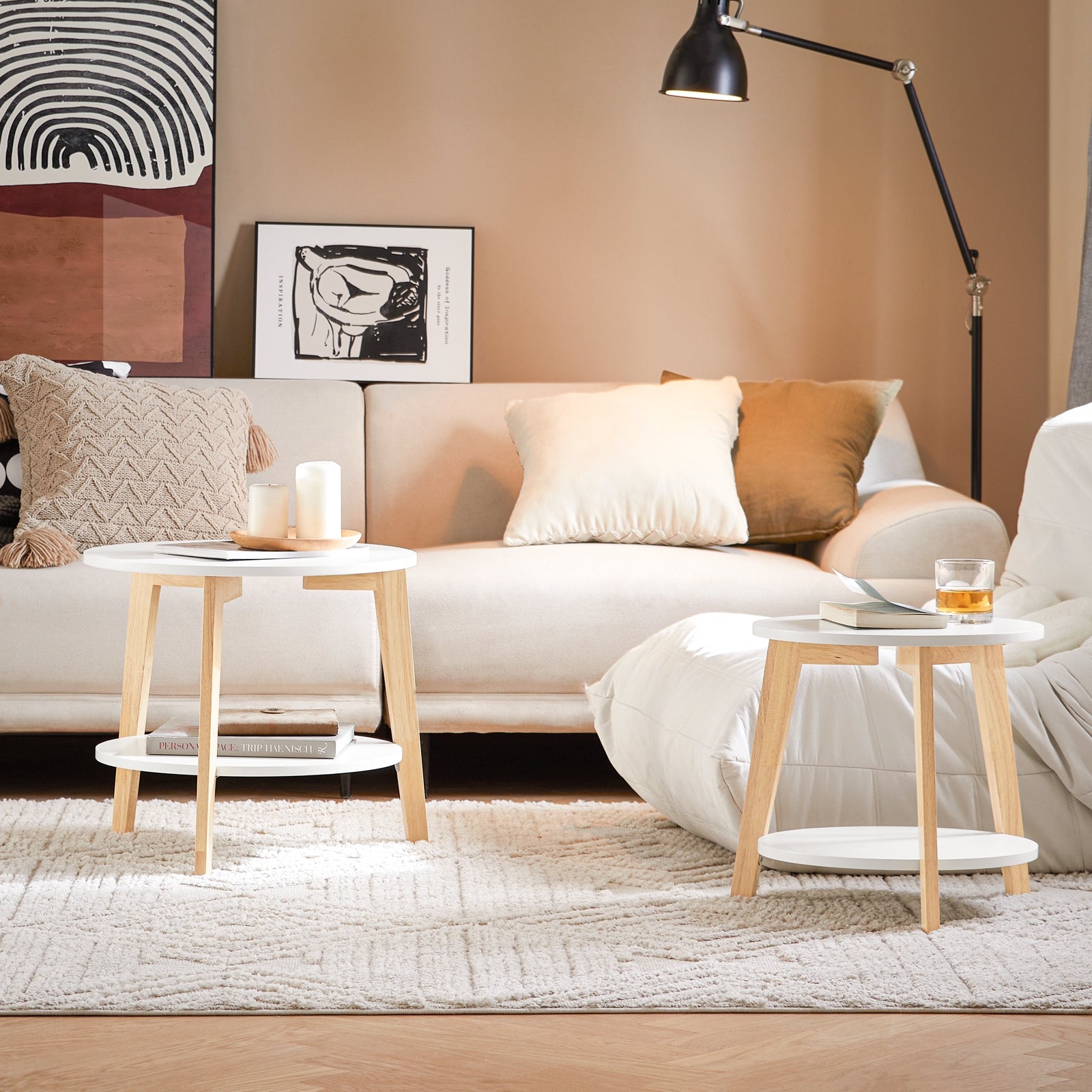 Set di 2 Tavolini Bassi da Salotto in Legno Massiccio di hevea e MDF con 4 Ripiani Bianco FBT75-W