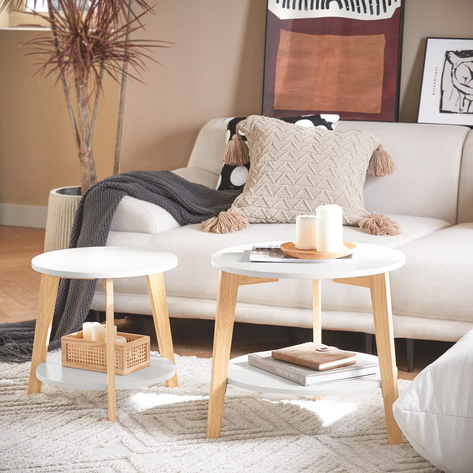 Set di 2 Tavolini Bassi da Salotto in Legno Massiccio di hevea e MDF con 4 Ripiani Bianco FBT75-W