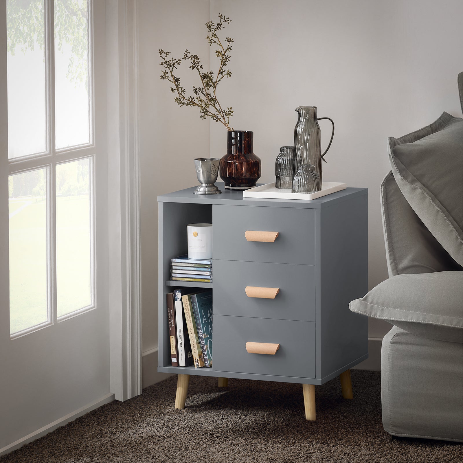 Comodino Piccolo Tavolino Divano Con 3 Cassetti Comodino Comodini L48*P40*A60cm Grigio FBT95-HG SoBuy