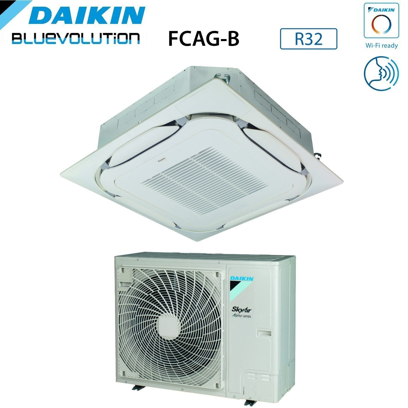 Climatizzatore Condizionatore Daikin Bluevolution Inverter a Cassetta Round Flow SkyAir Alpha-Series 36000 Btu FCAG100B + RZAG100NY1 Trifase R-32 Wi-Fi Optional Con Griglia Standard