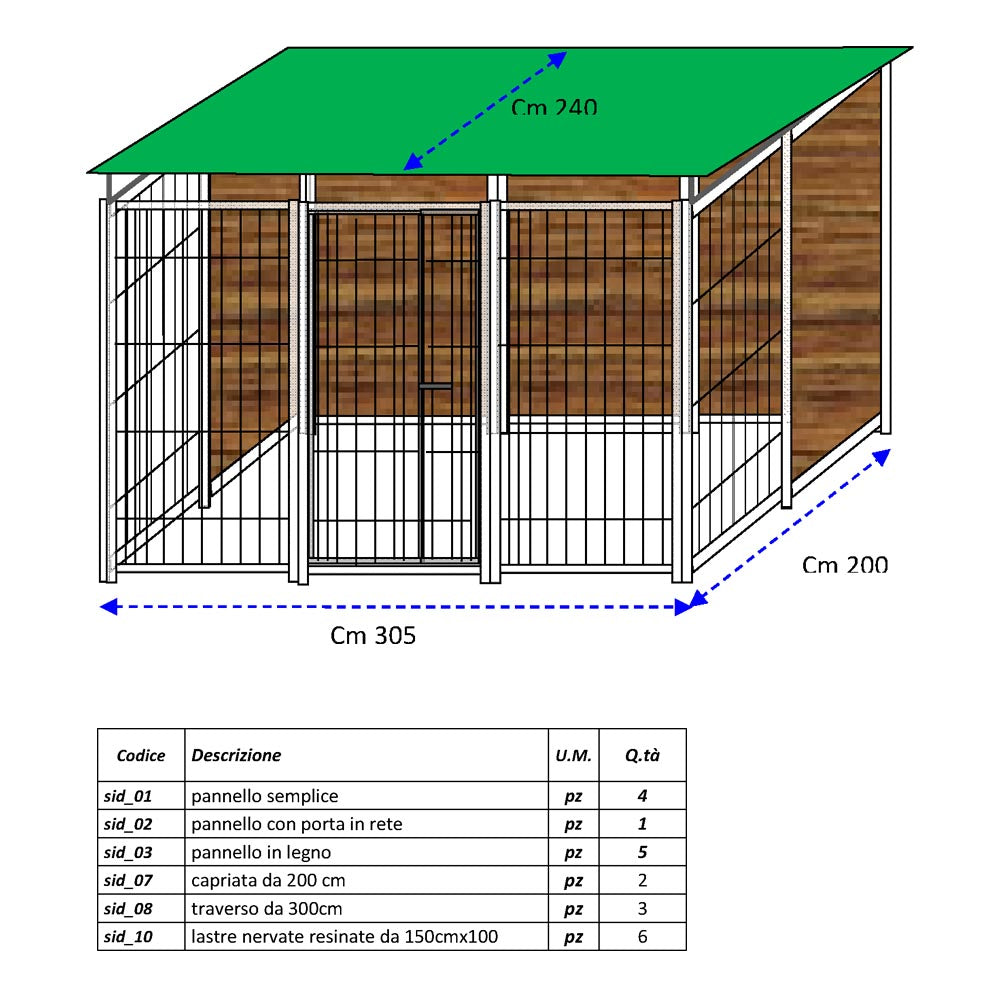 Recinto per cani 3x2 metri zincatura a caldo con copertura retro & 1 metro laterale in legno