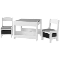 Set Tavolino per Bambini e 2 Sedie, Piano del Tavolo 3 in 1 con Lavagna e Contenitori, Grigio
