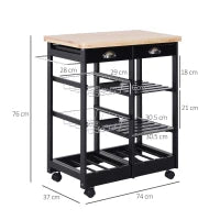 Carrello da Cucina Multiuso in Legno di Pino 74 x 37 x 75cm Nero
