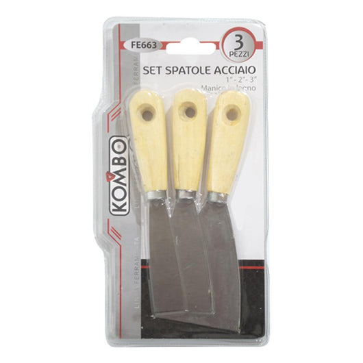 Set 3 Spatole in Acciaio Manico in Legno Misure: 25- 50-75 mm