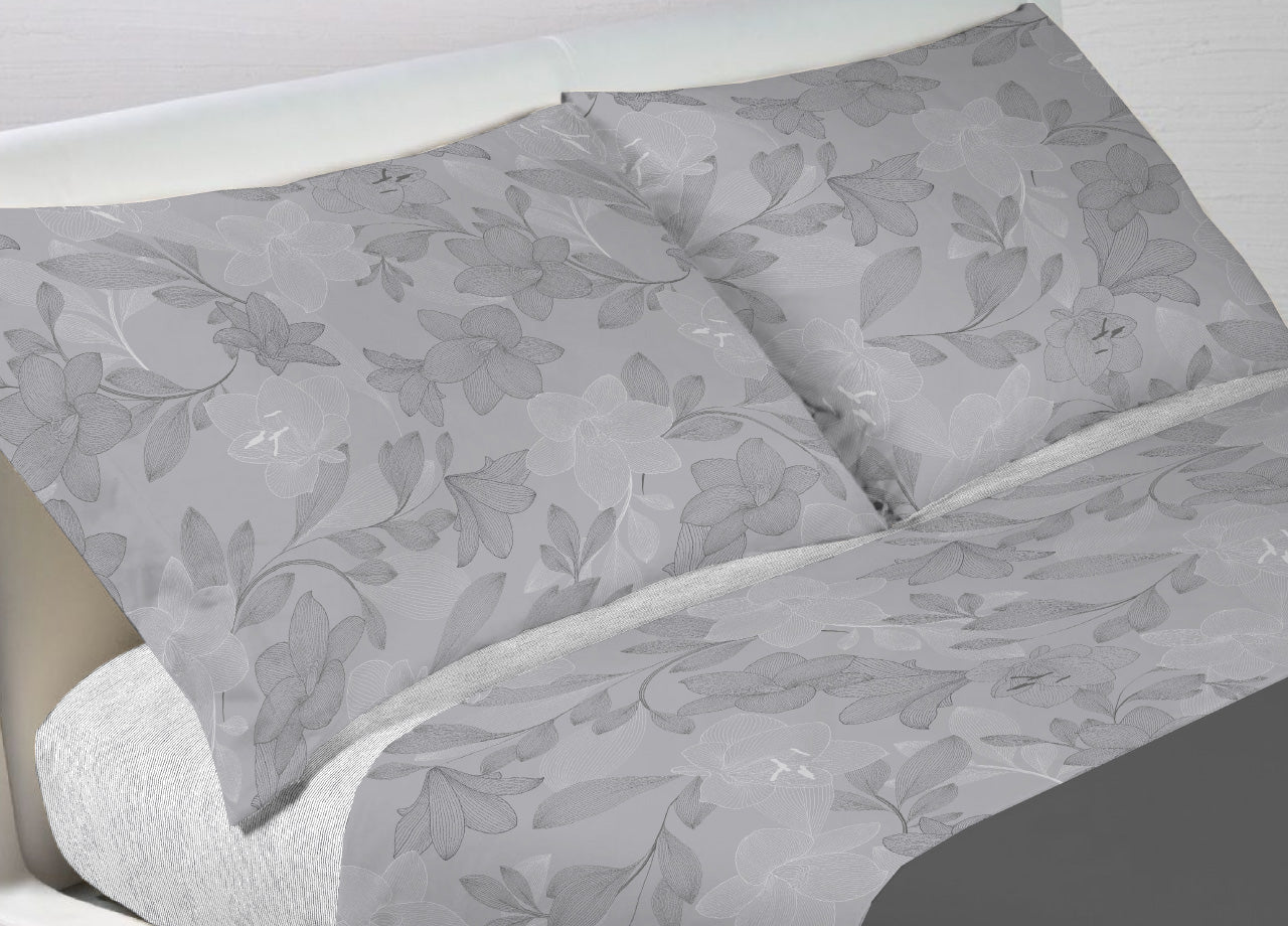 Completo Lenzuola Letto In 100% Cotone Made Italy Disegno Lily - Singolo - Grigio