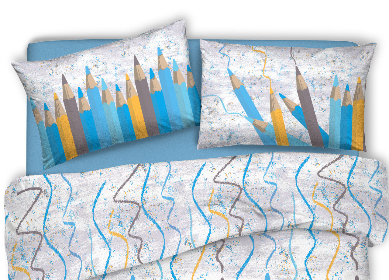 Copripiumino Sacco Piumone Pensieri Delicati Cotone Disegno Matitoni - Matrimoniale - Blu