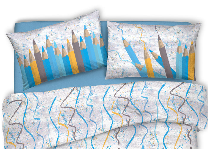 Copripiumino Sacco Piumone Pensieri Delicati Cotone Disegno Matitoni - Matrimoniale - Blu