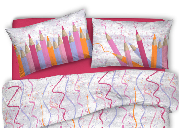 Copripiumino Sacco Piumone Pensieri Delicati Cotone Disegno Matitoni - Singolo - Fucsia