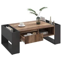 Tavolino in Legno Effetto Naturale con Cassetto Senza Maniglia, Scomparto Anteriore e Posteriore, Tavolino da Salotto Spazioso, Antracite, Nero + Grigio