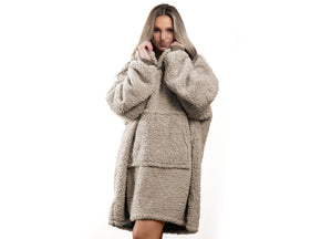 Felpa Plaid Inverno Coperta Agnellata Sherpa Con Tasca Tinta Unita Fluffy - Felpone - Tortora