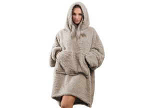 Felpa Plaid Inverno Coperta Agnellata Sherpa Con Tasca Tinta Unita Fluffy - Felpone - Tortora