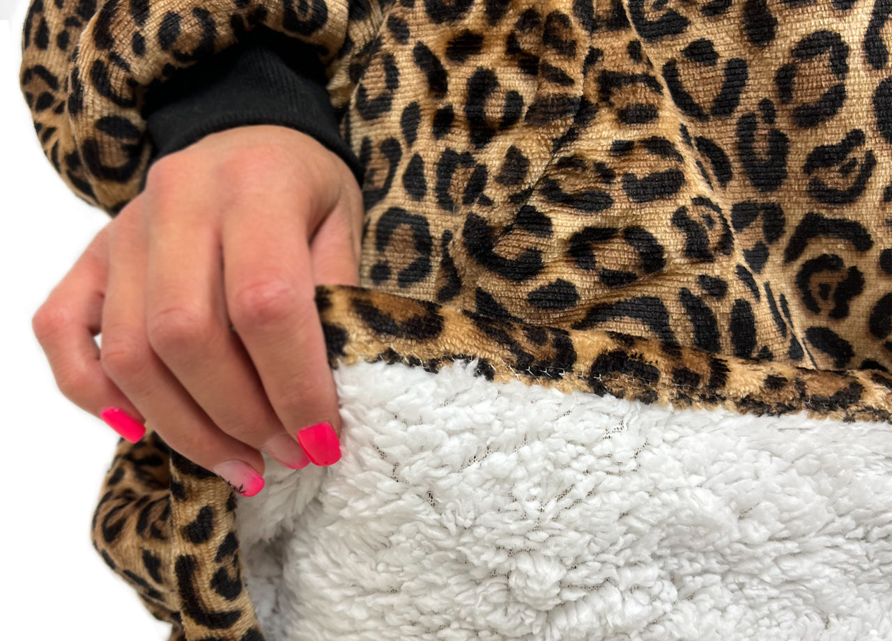 Felpa Plaid Coperta Retro Agnellato Con Tasca Sherpa Inverno Caldo Leopardato