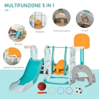 Scivolo per Bambini 4 anni max con Altalena, Canestro, Porta e Anelli, in HDPE e PP, 210x186x133 cm
