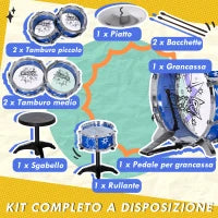 Set Batteria per Bambini con Grancassa con Pedale, Tamburi, Piatto e Sgabello, Età 3-6 Anni, Blu