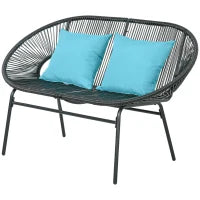Panchina da Giardino a 2 Posti in Metallo e Corda in Rattan Sintetico con 2 Cuscini, 132L x 72l x 83H cm, Nero