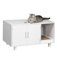 Mobile per Lettiera Gatti in Legno con 2 Ante e Apertura Laterale con Tiragraffi, Bianco