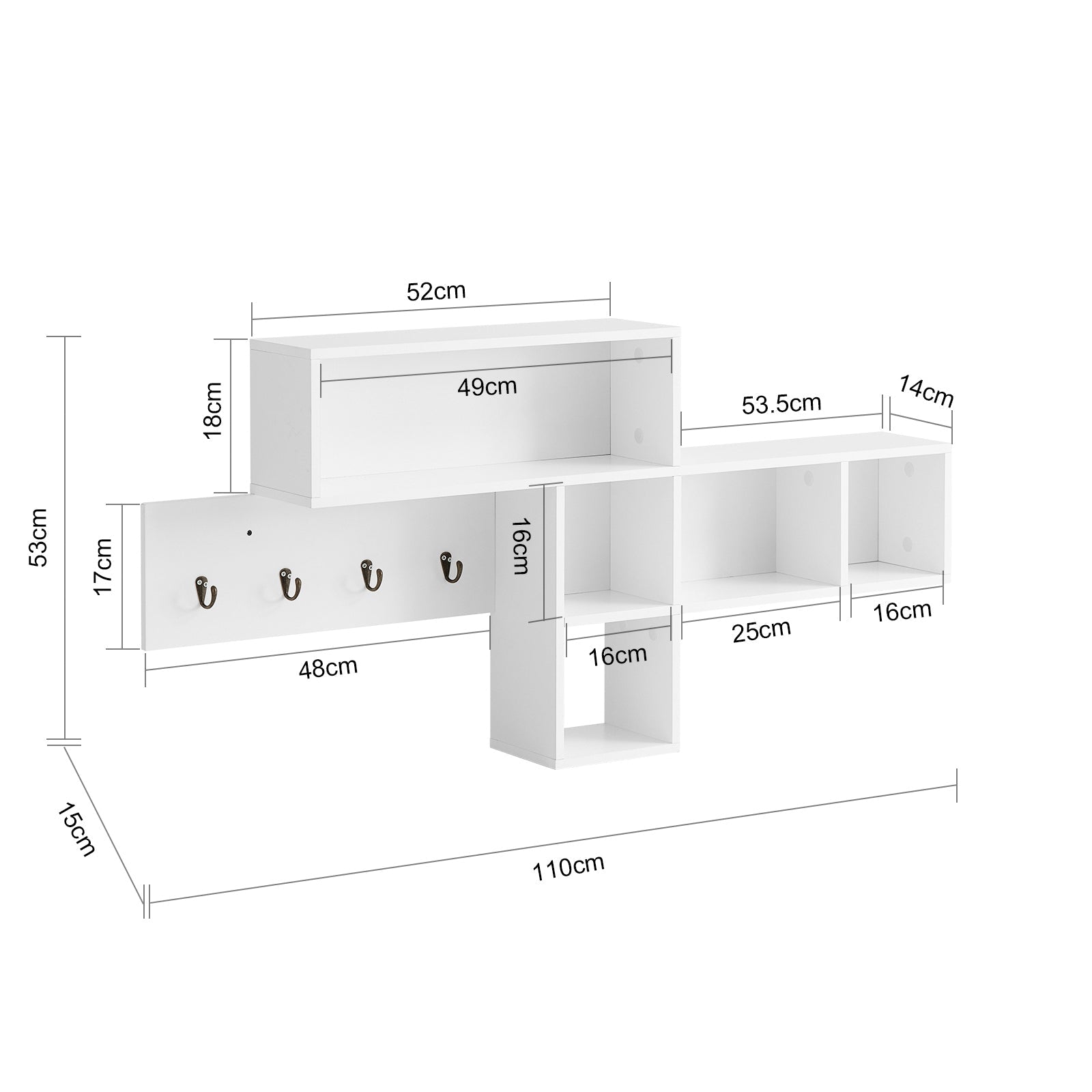 Portachiavi Mobile Ingresso da Muro Appendiabiti Legno Attaccapanni da Muro Scaffale Murale Libreria da Parete Mensola Libreria FHK17-W