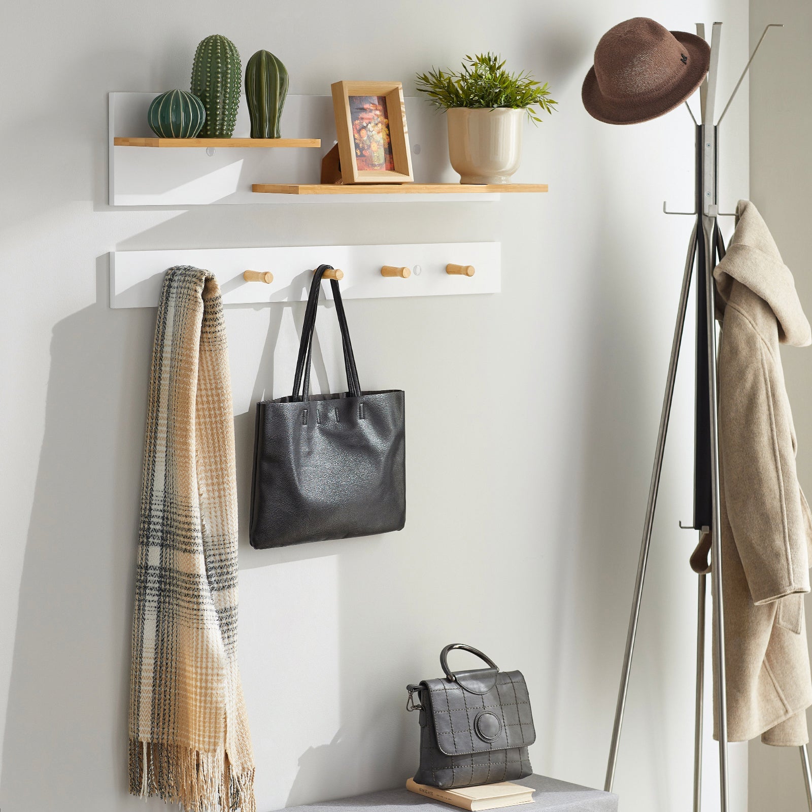 Portachiavi Mobile Ingresso da Muro Appendiabiti Legno Attaccapanni da Muro Scaffale Murale Mensola Scaffale FHK21-WN