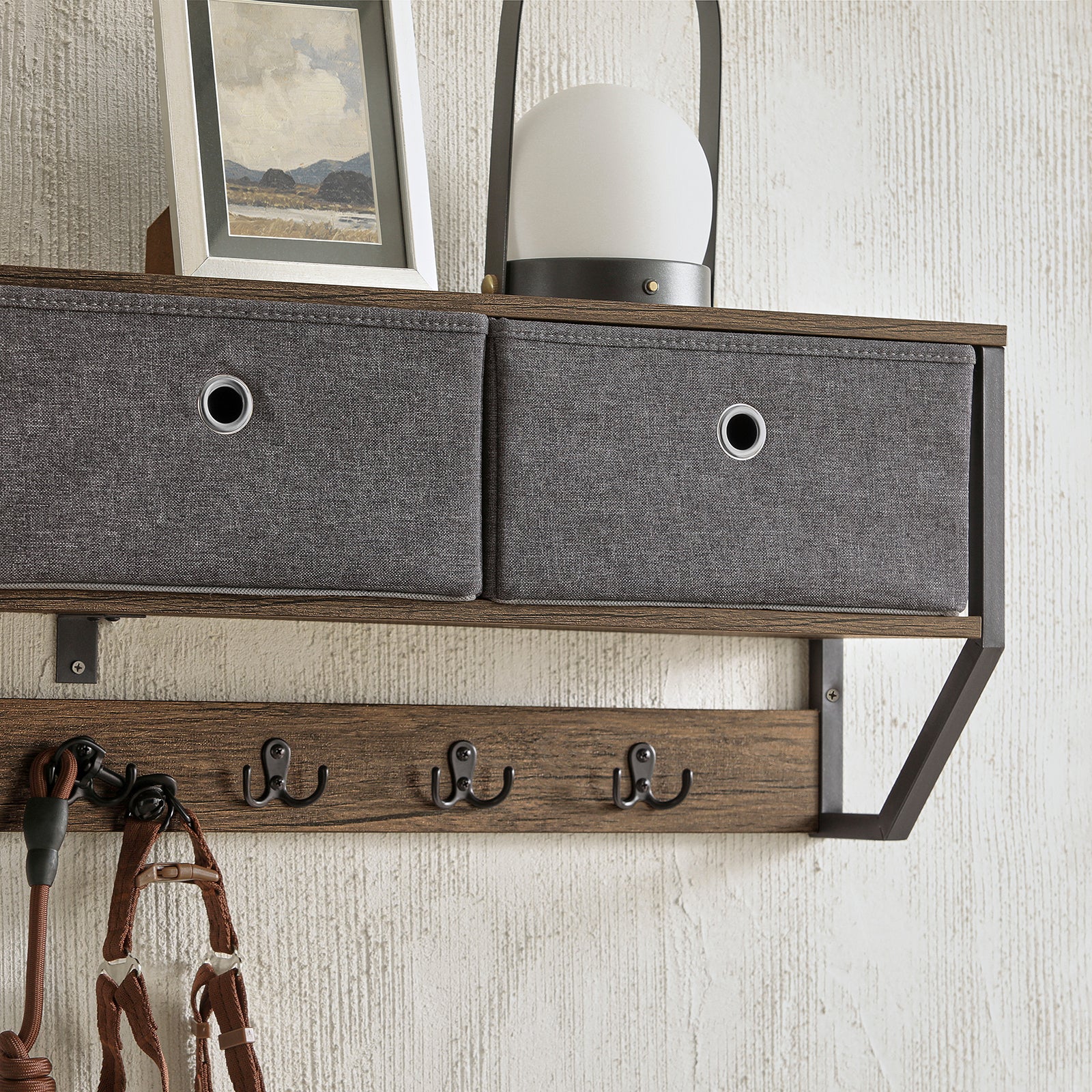 SoBuy Appendiabiti a parete con 3 cesti e 7 ganci Mensola pensile Armadio vintage 100x20x30cm FHK26-N